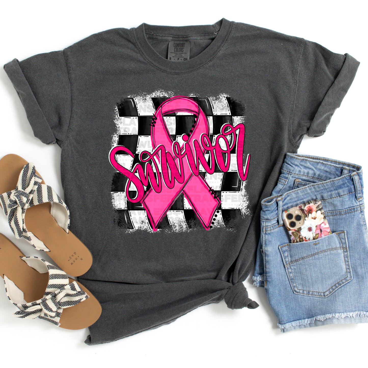 Survivor Pink Ribbon Checkered Background DTF Transfer