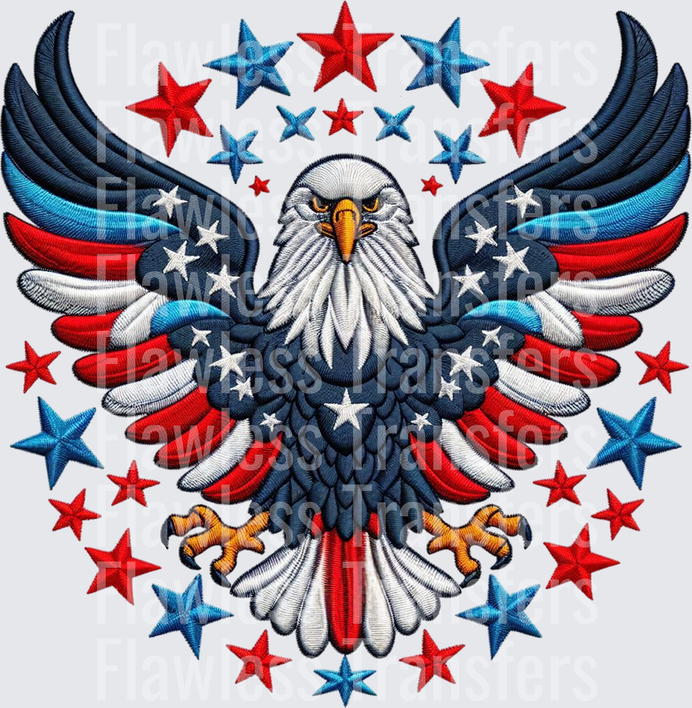 Stars Stripes Bald Eagle Faux Embroidered #0079 DTF Transfer - Raw Image