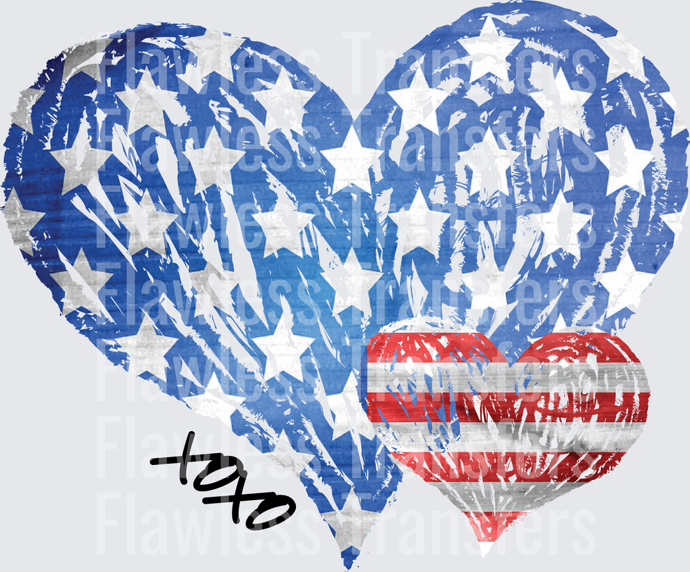 XOXO American Flag Heart Black Ink #0090 DTF Transfer - Raw Image