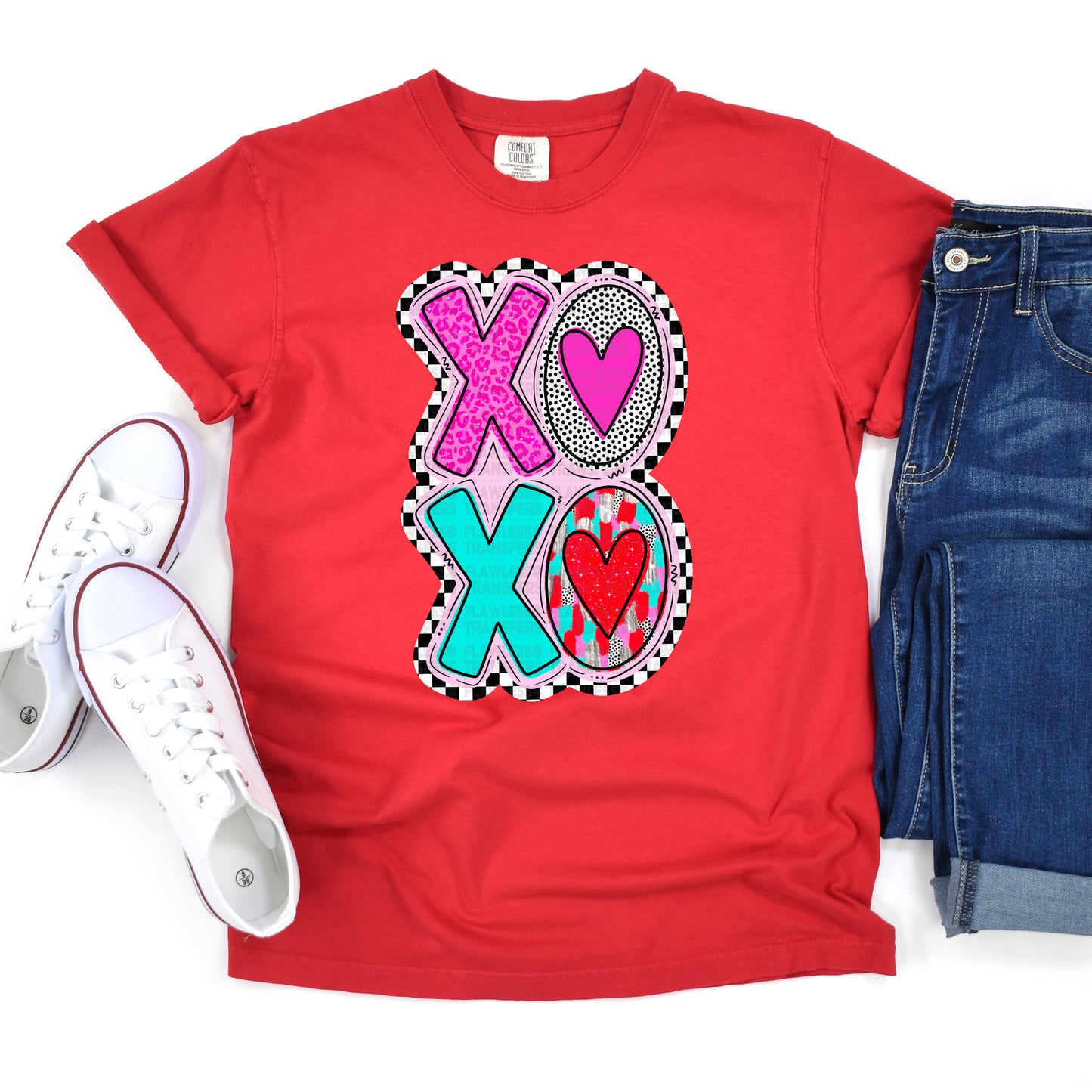 XOXO Pink Teal Red - Checkered Outline DTF Transfer