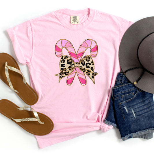 Candy Canes Pink and Leopard Print Coquette Bow DTF Transfer