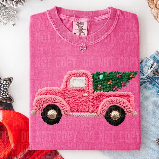 Christmas Pink Vintage Truck Faux Yarn #2590 DTF Transfer
