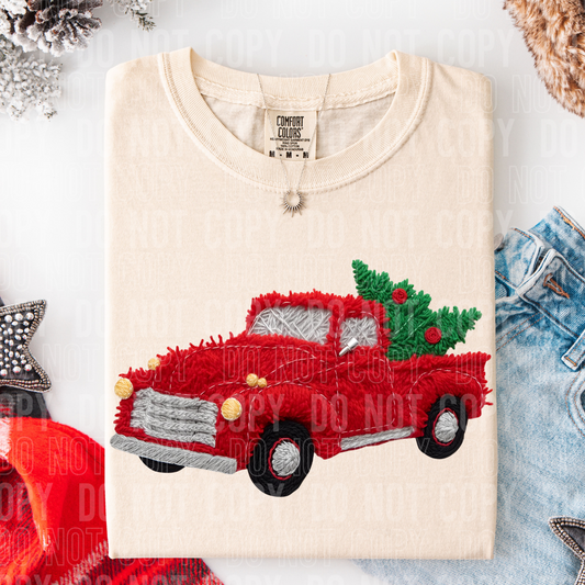 Christmas Red Vintage Truck Faux Yarn #2591 DTF Transfer