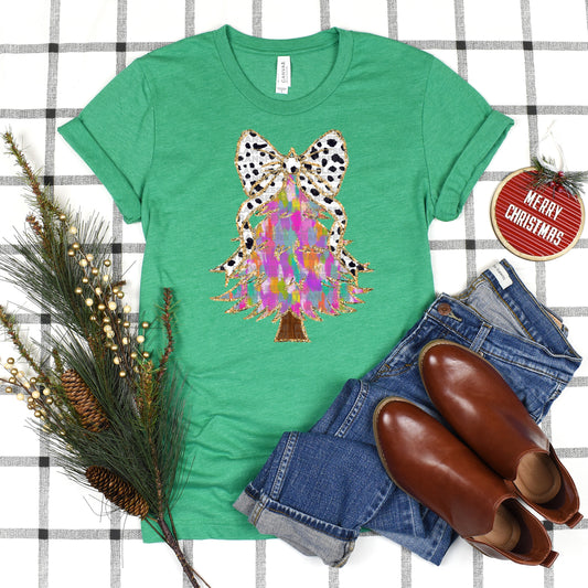 Christmas Tree Colorful Brushstrokes Coquette Bow - Design 3 DTF Transfer