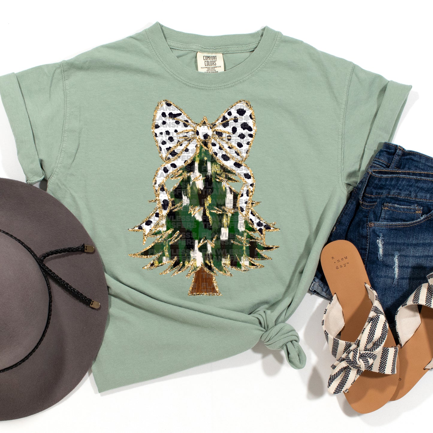 Christmas Tree Green And Gold Brushstrokes Coquette Bow - Design 3 DTF Transfer