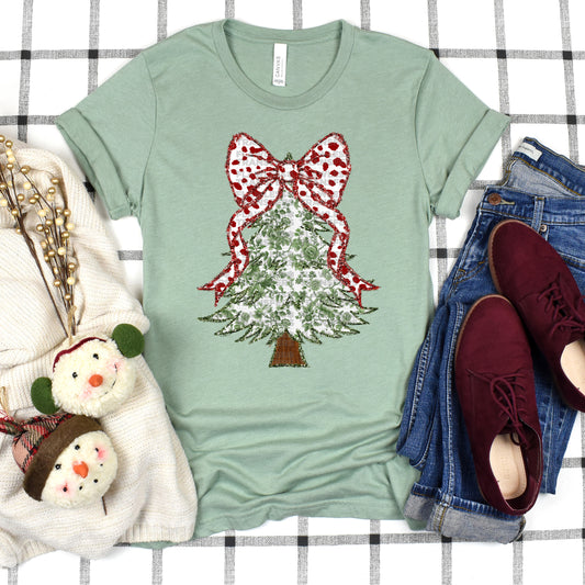 Christmas Tree Green Floral Glitter Outline Coquette Bow - Design 2 DTF Transfer