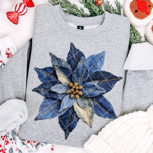 Denim Poinsettia Patchwork #2648 DTF Transfer