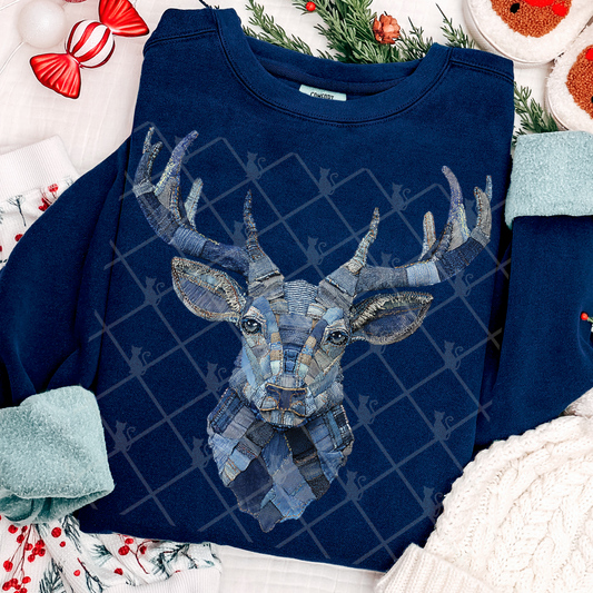 Denim Reindeer Head Patchwork #2649 DTF Transfer
