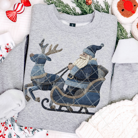 Denim Santa Reindeer Patchwork #2653 DTF Transfer