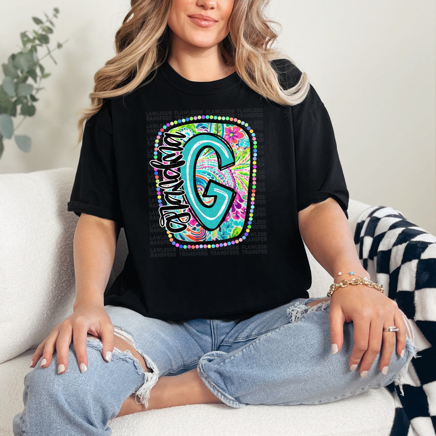 Grandma Scribble Letter Bright Paisley Floral DTF Transfer