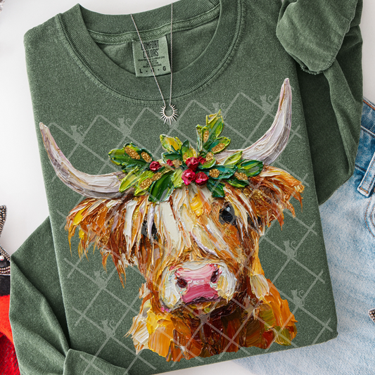 Hand Painted Christmas Highland Cow #2770 DTF Transfer