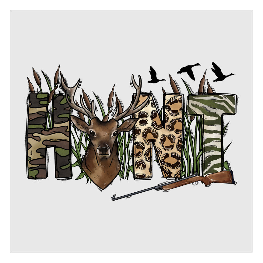 Hunt Letters With Camo And Deer DTF Transfer – Flawless Transfers