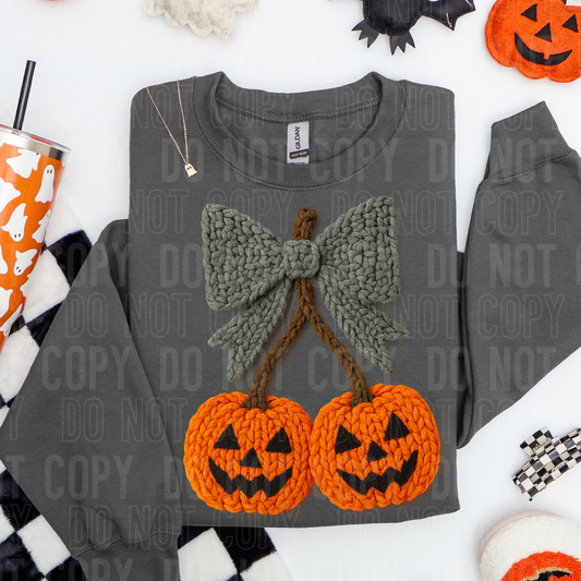 Jack O Lantern Pumpkin Cherries Faux Yarn #2704 DTF Transfer