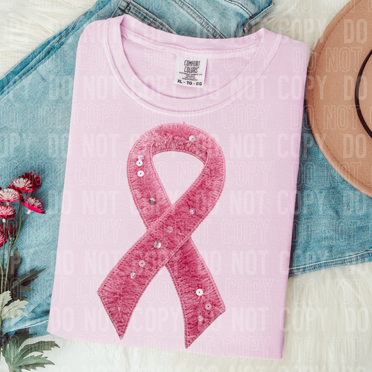 Pink Breast Cancer Ribbon Faux Yarn Sequins #2631 DTF Transfer