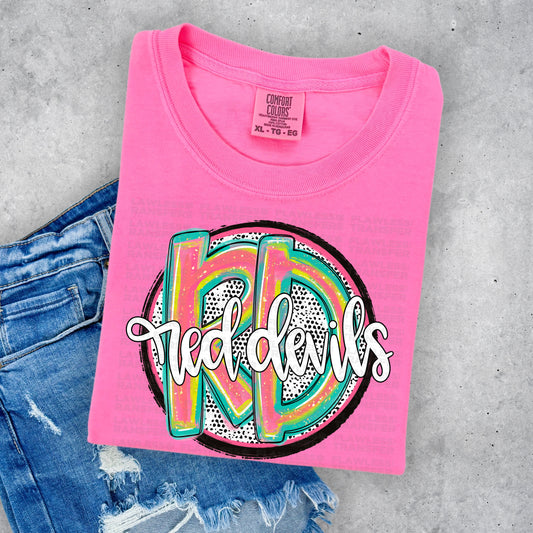 Red Devils Colorful Smeary Paint Handlettered Circle Background DTF Transfer