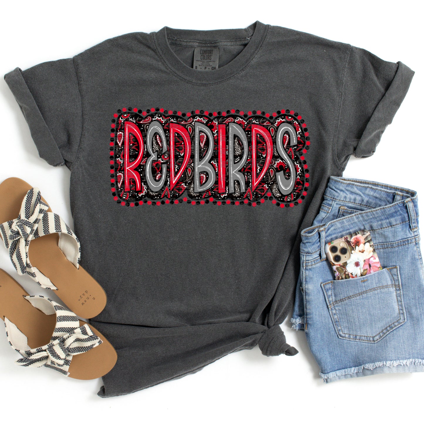 Redbirds Scribble Doodle Red And Grey Paisley DTF Transfer
