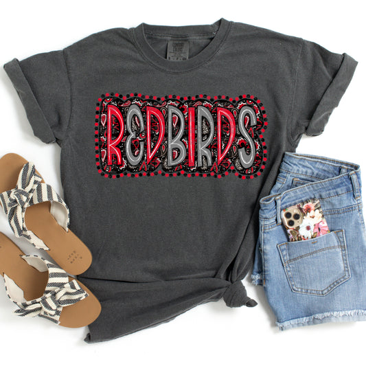 Redbirds Scribble Doodle Red And Grey Paisley DTF Transfer
