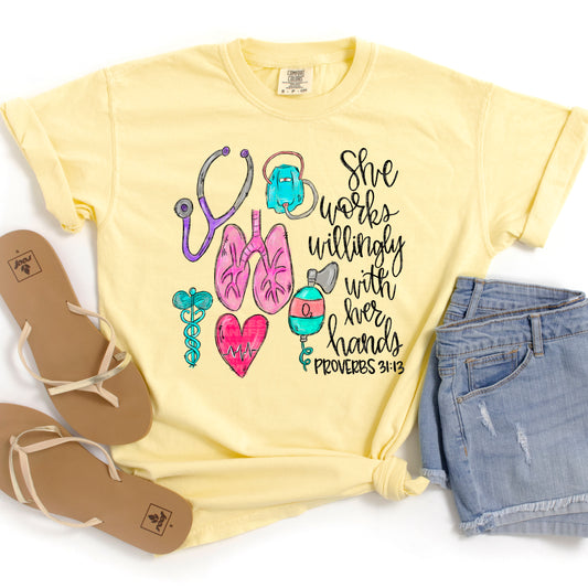 Respiratory Therapist She Works Willingly With Her Hands Proverbs DTF Transfer