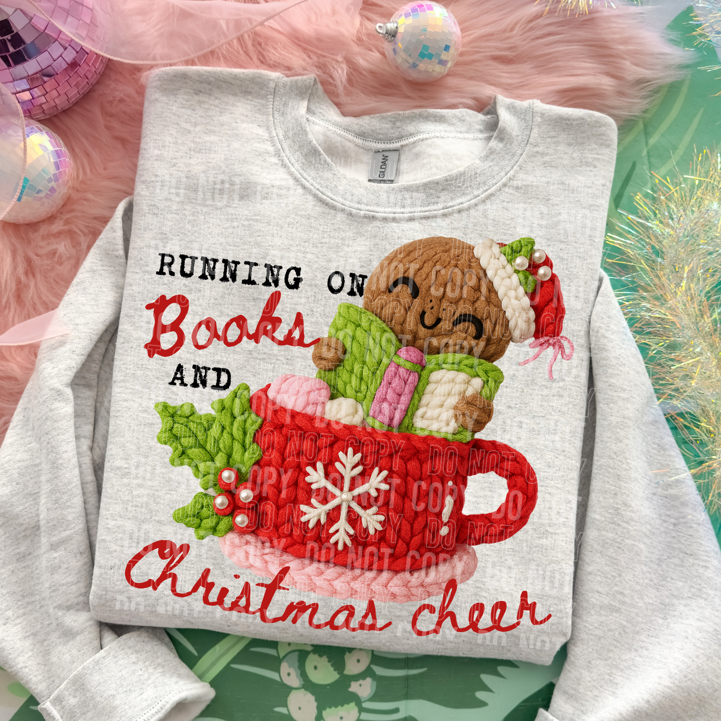 Running On Books And Christmas Cheer Faux Yarn #2721 DTF Transfer