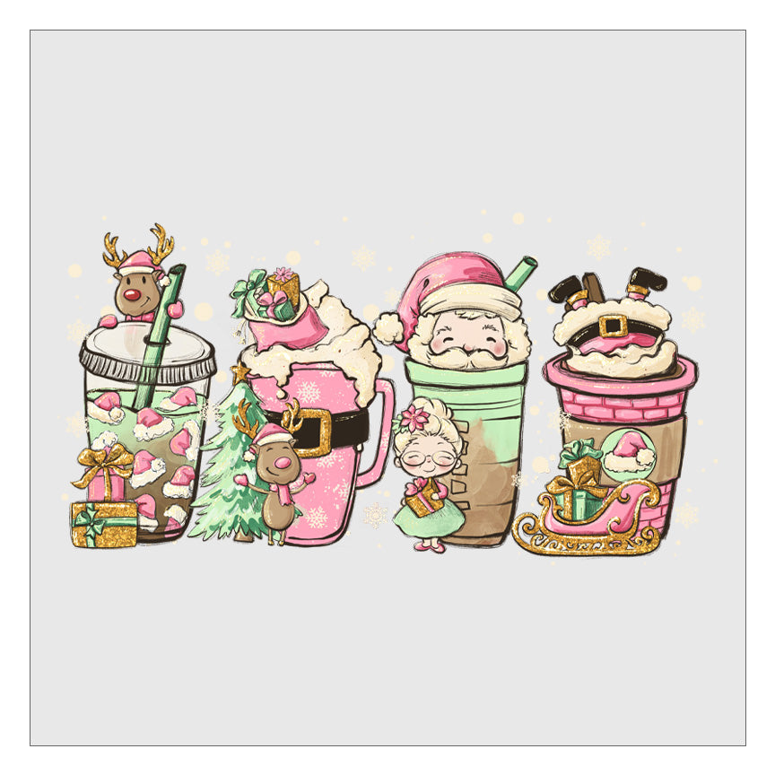 Santa Snowflake Coffee Latte - Pink DTF Transfer