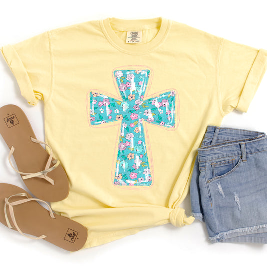 Turquoise Floral Cross #2376 DTF Transfer