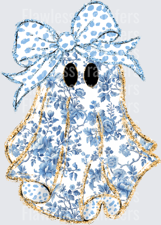 Girl Ghost Gold Outline Blue Roses #0536