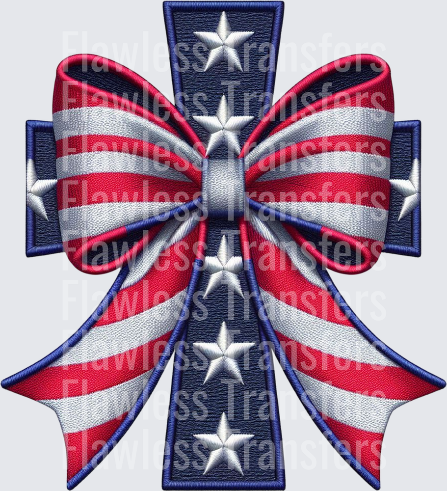 Patriotic Cross Coquette Bow Faux Embroidered #0067 DTF Transfer - Raw Image