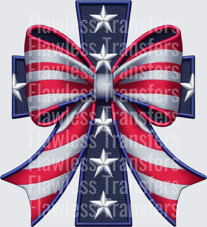Patriotic Cross Coquette Bow Faux Embroidered #0067 DTF Transfer - Raw Image