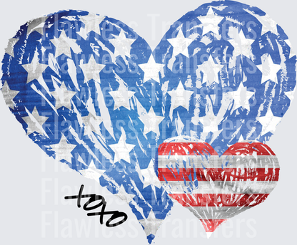 XOXO American Flag Heart Black Ink #0090 DTF Transfer - Raw Image