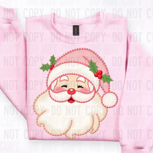 White Santa Pink Hat Faux Embroidered #2580 DTF Transfer